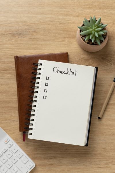 open notebook on a table with a plant and a pencil