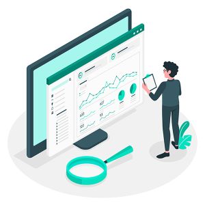 infographic of a man standing infront of a analytics dashboard