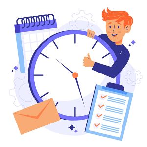 infographic: office clock with clipboard and man standing behind