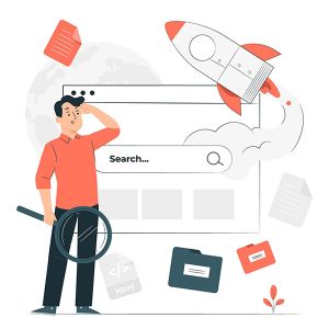 infographic: man with spyglass searching, web page with rocket ship